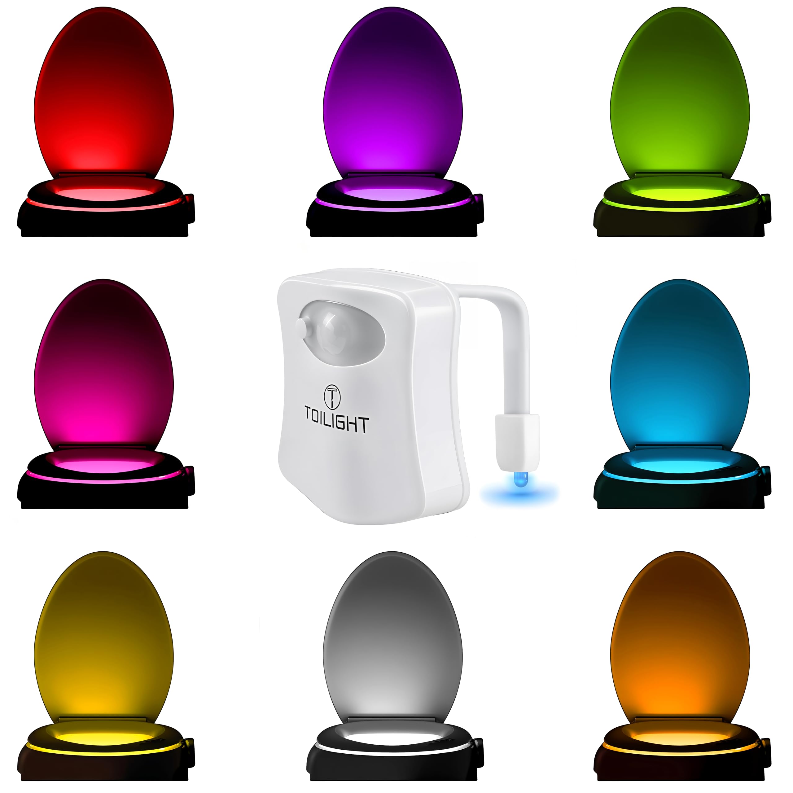 A ToiLight toilet bowl night light with color options, designed to provide a soft glow for nighttime bathroom visits.